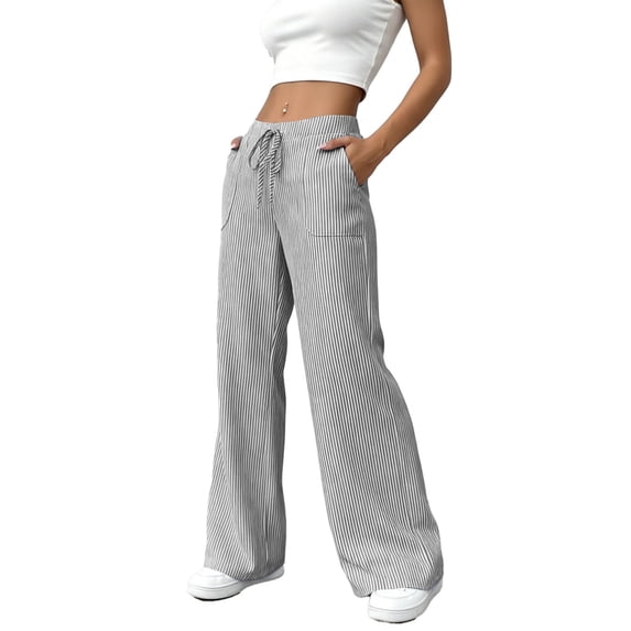 Wutalume Women's Striped Wide Leg Pants - Elastic Waist with Pockets, Flattering Straight Fit Casual Trousers for Daily,Black L