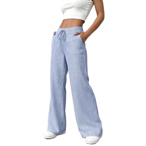 Wutalume Women's Striped Wide Leg Pants - Elastic Waist with Pockets, Flattering Straight Fit Casual Trousers for Daily,Blue S