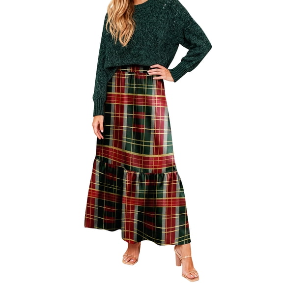 Wutalume Women's Vintage Plaid Ruffled Maxi Skirt, High Waist Pleated Design, Flowy A-Line Skirt for Casual Outings and Travel,Dark Green S