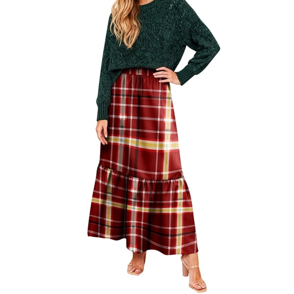 Wutalume Women's Vintage Plaid Ruffled Maxi Skirt, High Waist Pleated Design, Flowy A-Line Skirt for Casual Outings and Travel,Deep Red M