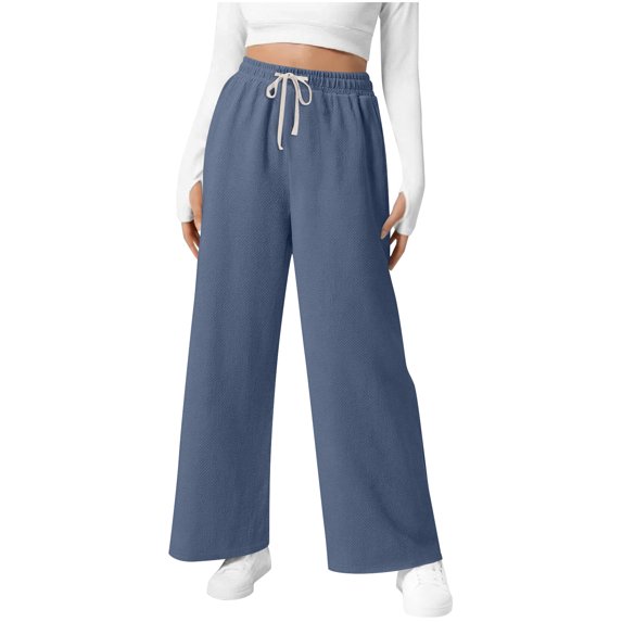Wutalume Women's Waffle Knit Casual Pants with Relaxed Loose Fit, Elastic Waistband and Adjustable Drawstring for Everyday Comfort and Daily Wear ,Navy 2XL