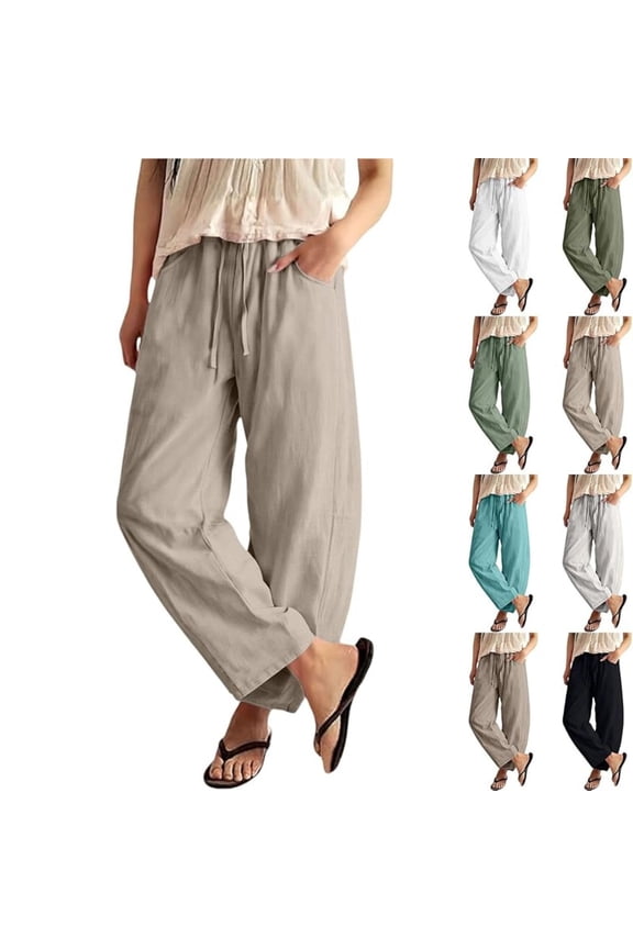 Women's Wide Leg Pants - Linen Blend Trousers with Drawstring Waist, Airy Palazzo Pants for Hot Days, Beach Vacations, and Resort Chic,Khaki L