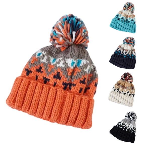 Wutalume Women's Winter Chunky Knit Beanie, Thick Warm Wool Hat with Ear Flaps and Jacquard Pom Pom, Cold Proof Hat for Round and Square Faces,Saffron