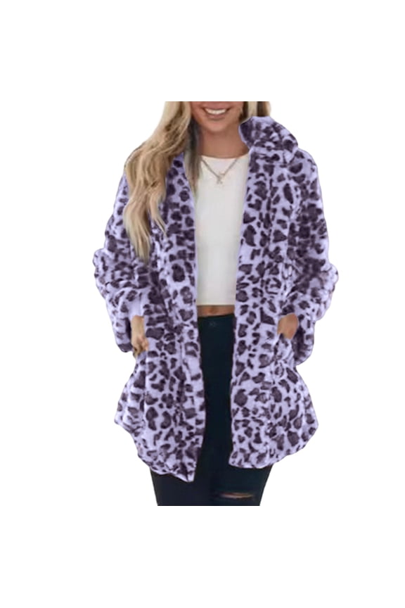 Women's Winter Thickened Double Sided Velvet Stand Collar Loose Leopard Print Plush Zipper Jacket, Bold and Warm Coat for Fashion Forward Style,Purple 3XL