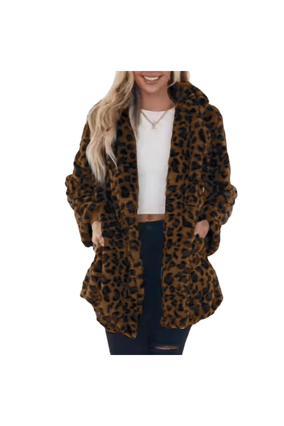 Women's Winter Thickened Double-sided Velvet Stand Collar Loose Leopard Print Plush Zipper Jacket, Bold Pattern, Cozy Fabric, Perfect for Cold Weather Fashion,Black L