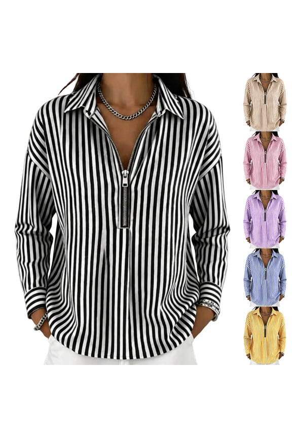 Women's Zipper Long Sleeve Shirt - Striped Collar Blouse for Women, Loose Fit Casual Top with Front Zipper, Stylish Everyday Wear,Yellow L