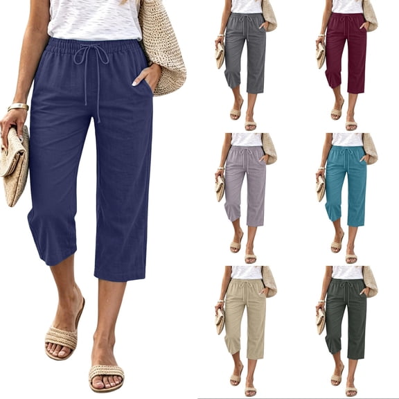 Wutalume Womens Linen Pants Cropped - Cotton Linen Drawstring Waist Loose Fit Straight Leg with Pockets Solid Color for Lounge Daily,Army Green L