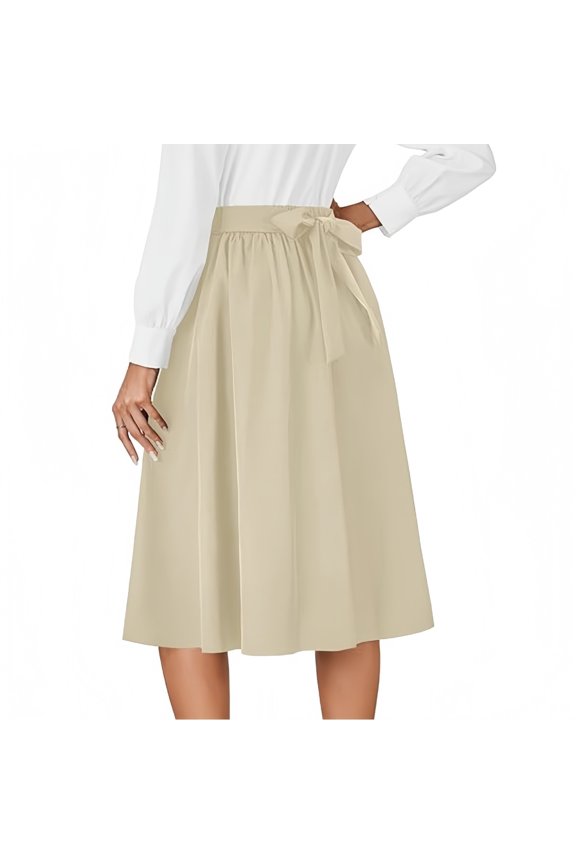 Womens Skirts Retro High Waisted Pleated A-Line Midi Skirt, Flared Skirt with Back Tie Detail, Elegant Vintage Flowy Skirt for Work & Daily,Beige S