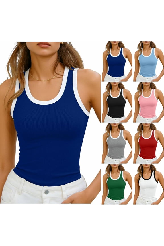 Womens Summer Basic Tank - Scoop Neck Sleeveless Color Block Ribbed Slim Fit Top for Layering Under Cardigan or Everyday Casual Outfits,Blue S
