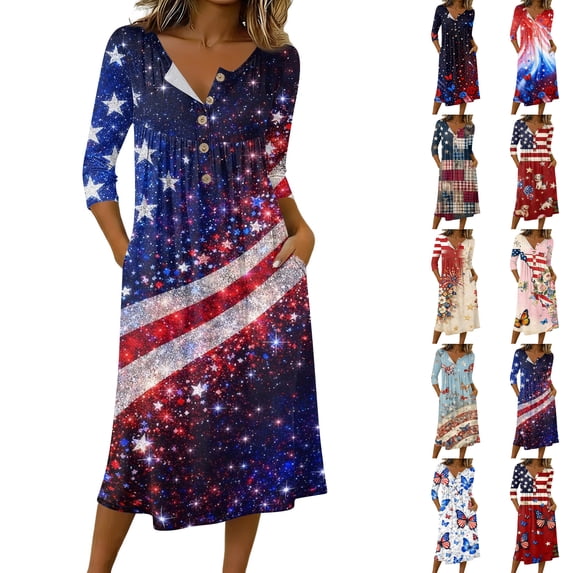 Wutalume Womens Summer Dresses Patriotic - 3/4 Sleeve Button-Down Mid-Length Lightweight Casual Sundress for July 4th BBQ ,Beige L