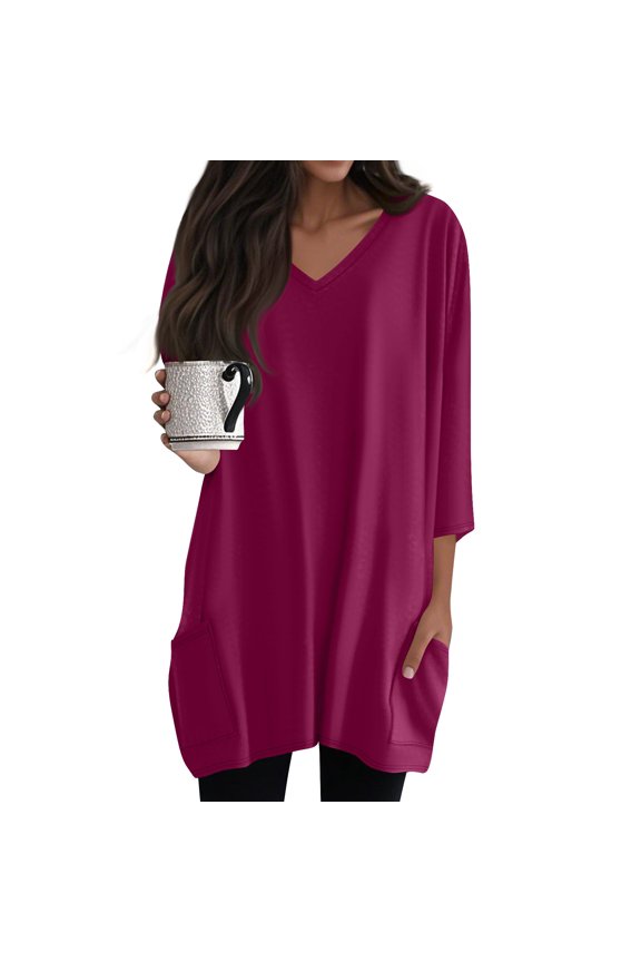 Womens Tops with 3/4 Sleeve, Solid Color V-Neck Tunic with Pockets, Mid-Length Top for Minimalist and Everyday Outfits,Purple XL