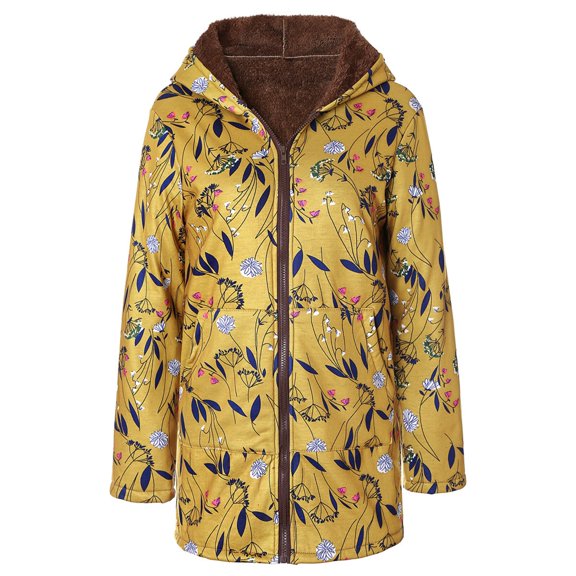 Wutalume Womens Winter Warm Outwear Floral Print Hooded Pockets Vintage Oversize Coats, Comfortable and Fashionable Long Sleeve Jacket for Cold Days,Yellow S