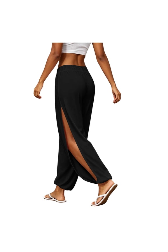 Yoga Pants for Women - High Slit Harem Boho Flowy Trousers with Wide Leg, Breathable Lightweight Pants for Gym, Dance & Daily Casual Wear,Black M