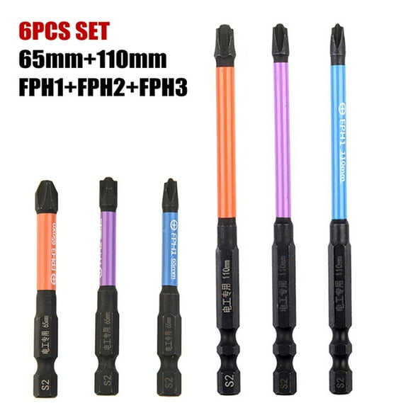 Wuweikeji 6 Pcs Screwdriver Bits 65 110mm Cross Head FPH1 FPH2 FPH3 Special for Electrician Socket Switch Repairing Electric Driver Tools-Screwdriver Bit Set