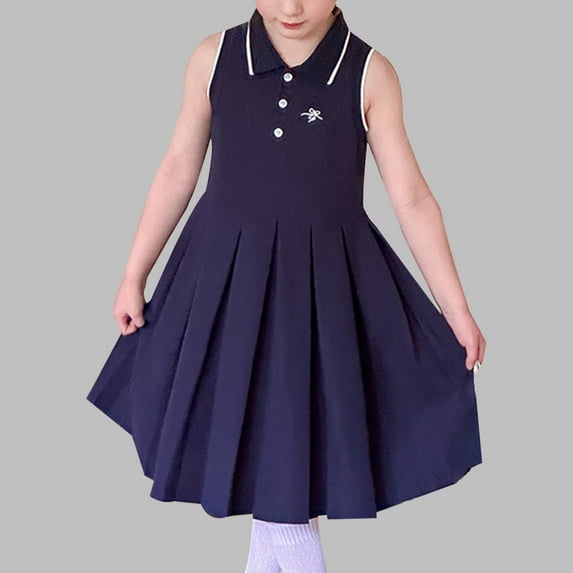 Wuxian Child Girls Dresses Casual Sleeveless School Uniform Dresses Ruffle Pique Polo Dress With Bow Embroidery Dress Vest Dress For Daily Wear Summer Dress, Navy, 9-10 Years