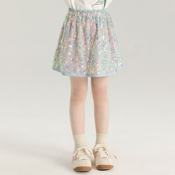 Wuxian Child Girls Dresses Casual Waistband Elastic Short Skirt Sparkly Sequin Skirt For Toddler Kids Daily Wear Spring Summer Fall Outfit Summer Skirt, Blue, 2-3 Years