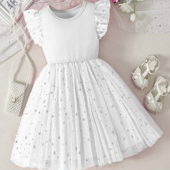 Wuxian Child Girls Dresses Flutter Sleeve Crew Neck Tulle Mesh With Sparkly Sequin Girl Party Dress Princess Casual Dresses Outfit Dress, White, 5-6 Years