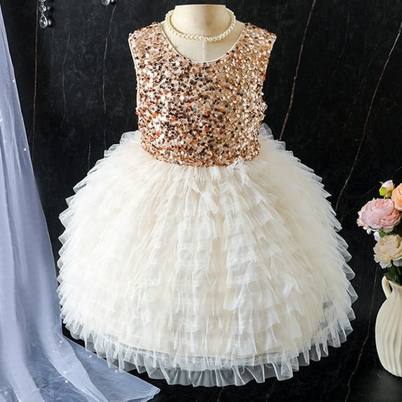 Wuxain Child Girls Dresses Sleeveless Crew Neck Tulle Mesh With Sparkly Sequin Girl Party Dress Princess Casual Dresses Summer Dress, Gold, 2-3 Years
