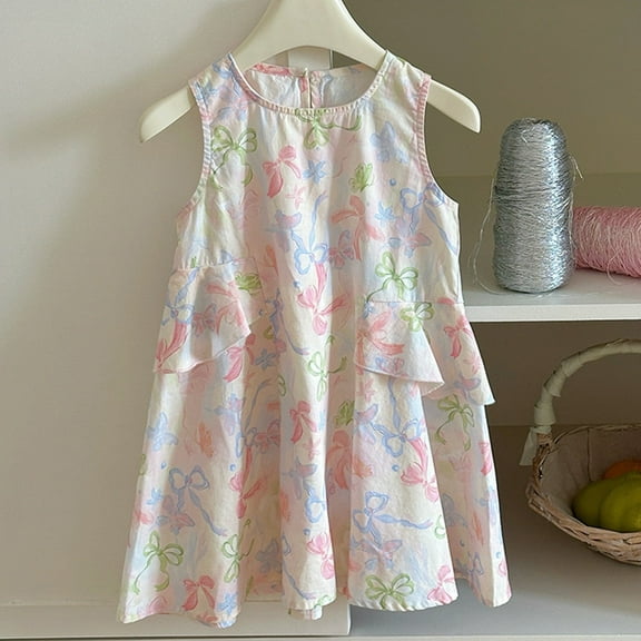 Wuxian Child Girls Dresses Sleeveless Round Neck Floral Printed Design Comfortable Outfit Outfit Dress, Pink, 9-10 Years