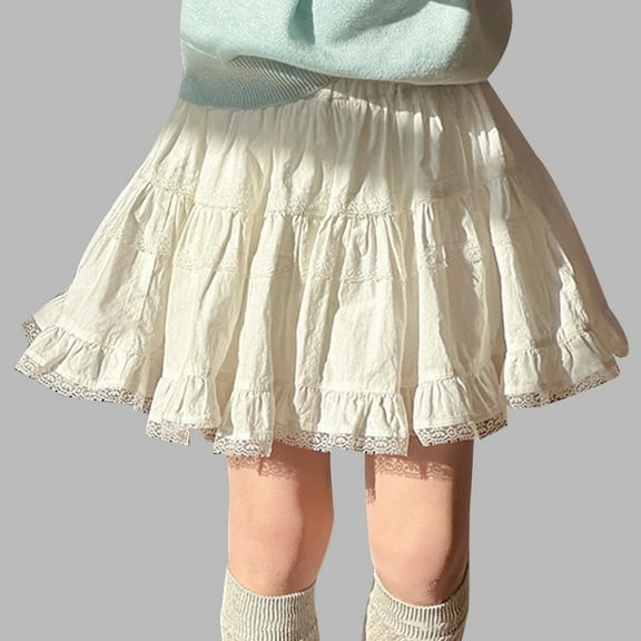 Wuxian Child Girls Skirts For Toddler To Teen Lace Trim Ruffle Hem Skirt High Elastic Waist Flared Short Skirts Outfit Dress, White, 3-4 Years