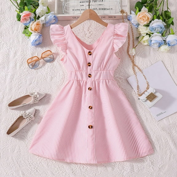 Wuxain Child Girls Summer Casual Dress Ruffle Sleeve A Line Button Down Striped Dresses Summer Dress, Red, 3-4 Years