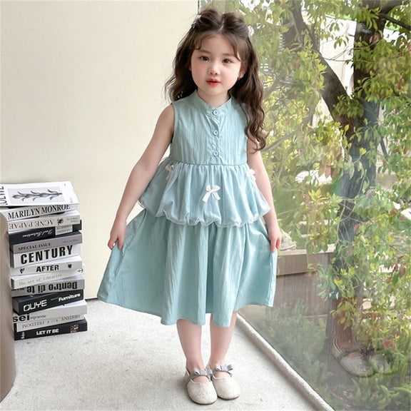Wuxian Child Girls Summer Dresses Casual Sleeveless Vest Button Down Dress Elastic Waist Outfit Dress, Blue, 4-5 Years