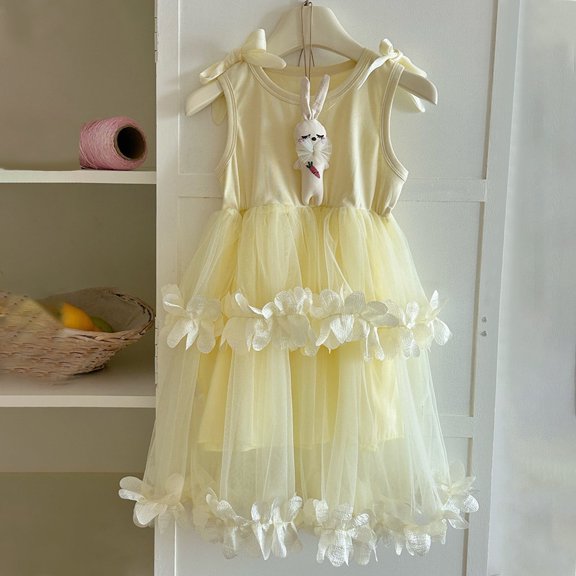 Wuxian Child Girls Summer Dresses Tutu Dress Casual Sleeveless Round Neck Hem Pleated Flowy Party Wear Elegant Outfit Summer Skirt, Yellow, 3-4 Years