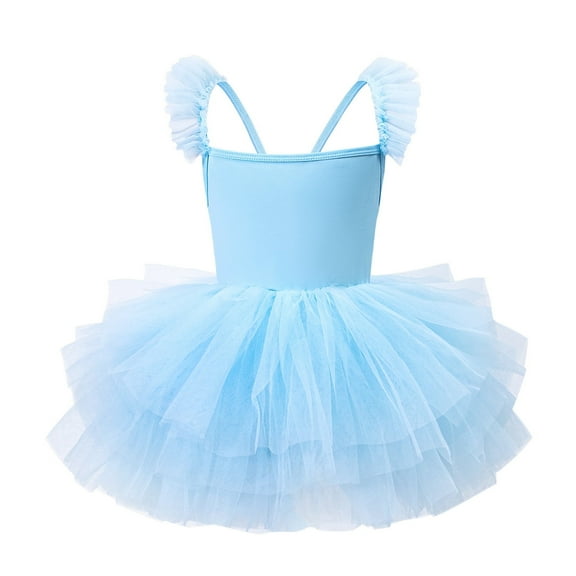 Wuxian Girls Ballet Dress Tutu Ruffle Flutter Sleeve Ballet Dance Dress Tutu Skirted Leotard Ballerina Dancewear Gymnastics Summer Dress, Blue, 7-8 Years