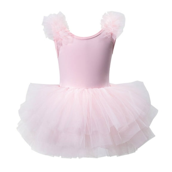 Wuxian Girls Ballet Dress Tutu Ruffle Flutter Sleeve Ballet Dance Dress Tutu Skirted Leotard Ballerina Dancewear Gymnastics Summer Dress, Pink, 3-4 Years
