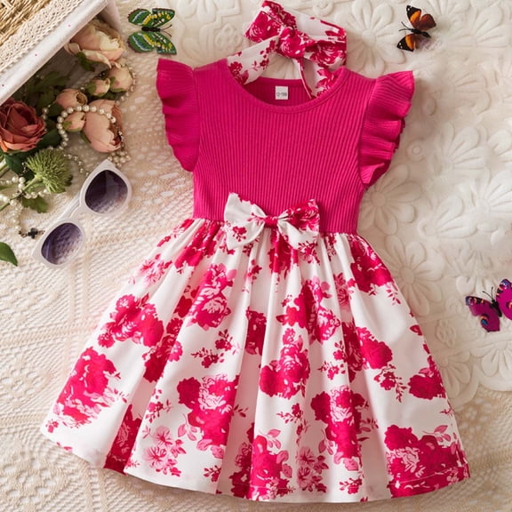 Wuxian Girls Dress Fly Sleeve Flowers Prints Bowknot Dresses Clothes Headband Suit Outfit Dress, Hot Pink, 12-18 Months