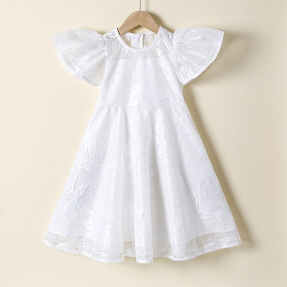 Wuxian Girls Dress Lace Party Tutu Dress Reound Neck Ruffle Sleeve Elegant Floral Embroidery Princess Summer Skirt, White, 6-7 Years