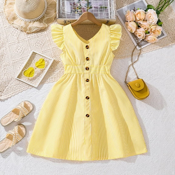 Wuxian Girls Summer Casual Dress Ruffle Sleeve A Line Button Down Striped Dresses Outfit Dress, Yellow, 5-6 Years