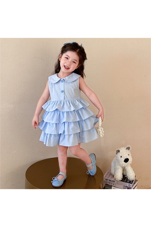 Girls Summer Dresses Cute Tiered Dress Sleeveless Vest Peter Pan Collar Button Down Princess Dress Summer Dress, Blue, 2-3 Years