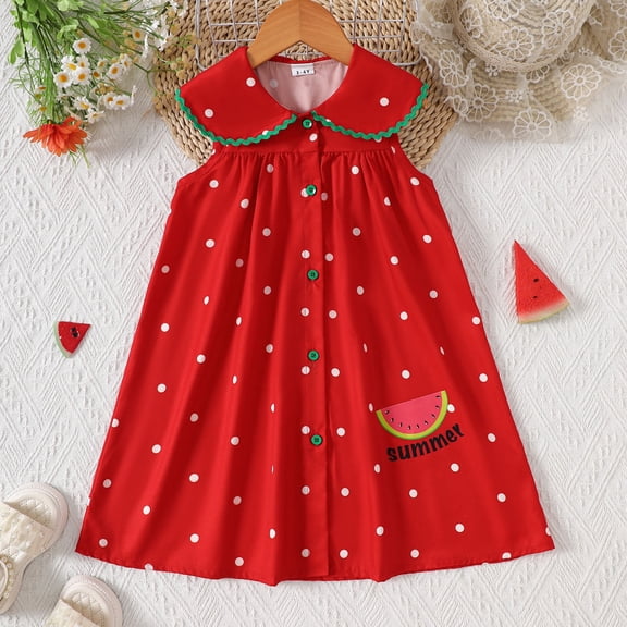 Wuxain Girls Toddler Dress Sleeveless Peter Pan Collar Watermelon And Polka Dot Printed Beach Dresses Summer Dress, Red, 4-5 Years