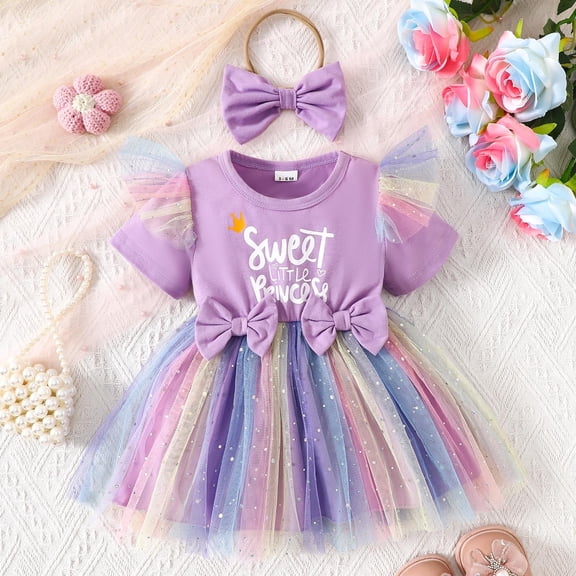 Wuxian Girls Toddler Sundress Short Sleeve Round Neck Cute Printed Mesh Skirt With A Bow Hairband Holiday Dance Party Dresses Summer Skirt, Purple, 12-18 Months