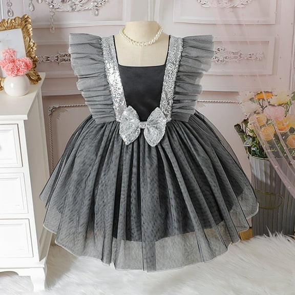 Wuxain Girls Toddler Tutu Dress Flutter Sleeve Tulle Dresses With Sparkly A Bow Cute Summer Party Princess Sundress Summer Dress, Black, 4-5 Years