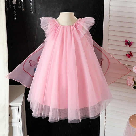 Wuxian Kids Girls Dresses Cowl Neck Flutter Sleeve Tulle Dress Mesh Tutu Princess Casual Dresses Outfit Dress, Pink, 7-8 Years