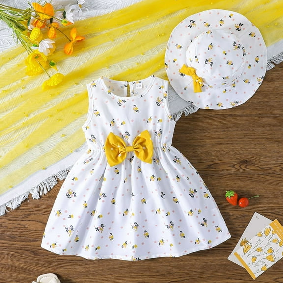 Wuxian Kids Girls Dresses Round Neck Sleeveless With Bow Skirt A-Line Floral Printing Outfit Dress, Yellow, 2-3 Years