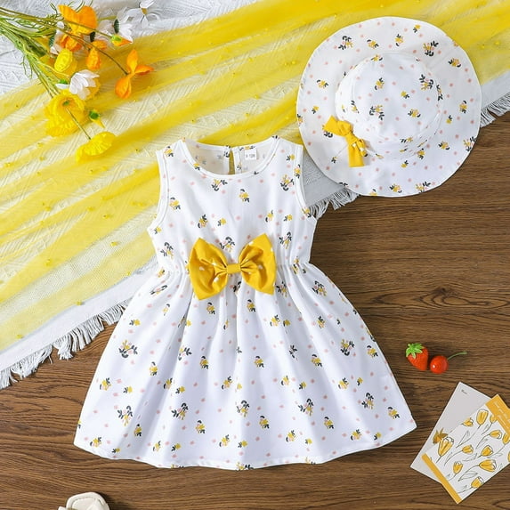 Wuxain Kids Girls Dresses Round Neck Sleeveless With Bow Skirt A-Line Floral Printing Summer Dress, Yellow, 6-9 Months