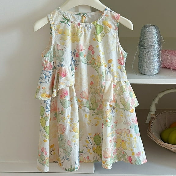 Wuxian Kids Girls Dresses Sleeveless Round Neck Floral Printed Design Comfortable Outfit Outfit Dress, Yellow, 7-8 Years