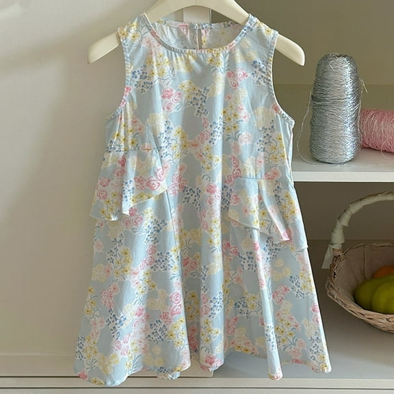 Wuxian Kids Girls Dresses Sleeveless Round Neck Floral Printed Design Comfortable Outfit Summer Dress, Blue, 9-10 Years