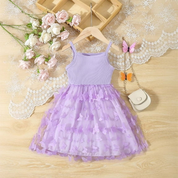 Wuxian Kids Girls Dresses Spaghetti Strap A Line Mesh Dress 12D Skirt With Full Up Butterflies For Toddler To Preteen Outfit Dress, Purple, 3-4 Years