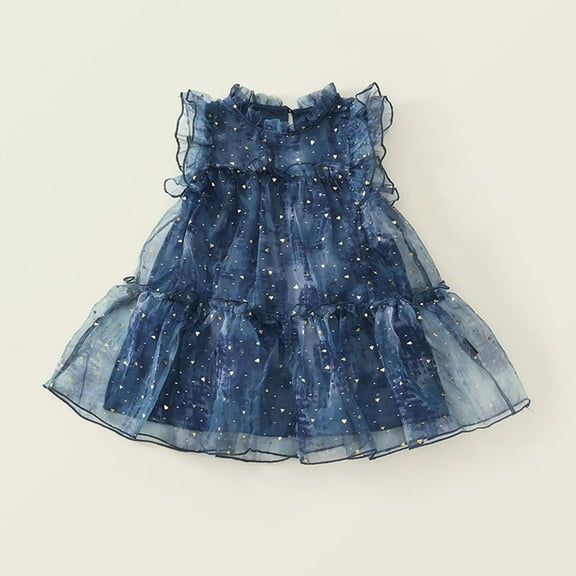 Wuxian Kids Girls Dresses Stand Collar Flutter Sleeve Tulle Dress Mesh Tutu Princess Casual Dresses Outfit Dress, Blue, 4-5 Years