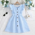 thumbnail image 1 of Wuxain Kids Girls Summer Casual Dress Ruffle Sleeve A Line Button Down Striped Dresses Summer Skirt, Blue, 3-4 Years, 1 of 8