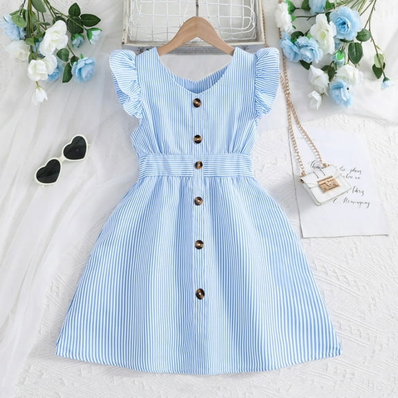 Wuxain Kids Girls Summer Casual Dress Ruffle Sleeve A Line Button Down Striped Dresses Summer Skirt, Blue, 3-4 Years