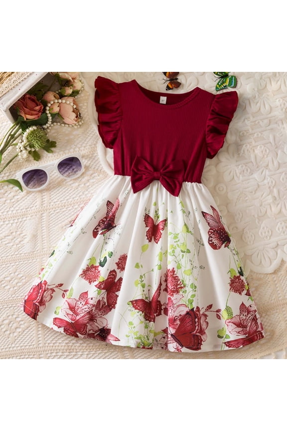 Wuxain Kids Girls Summer Dresses Casual Round Neck Flutter Sleeved Patchwork Floral Printed Skirt For Toddler Kids Beach School Party Summer Skirt, Red, 2-3 Years