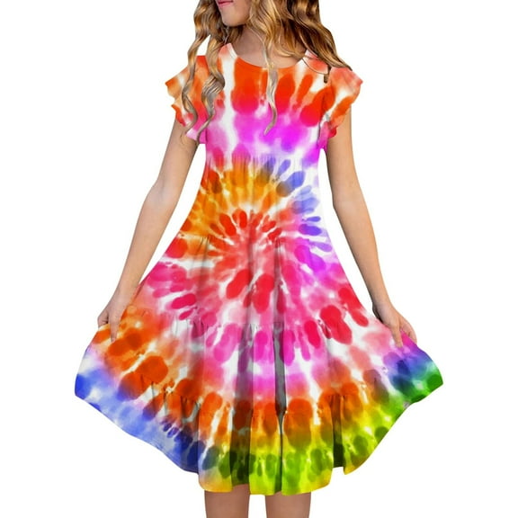 Wuxain Kids Girls Summer Dresses Tie Dye Double Layer Flutter Sleeve Flowy A Line Dress For 4Th July Dresses Summer Dress, Red, 6-7 Years