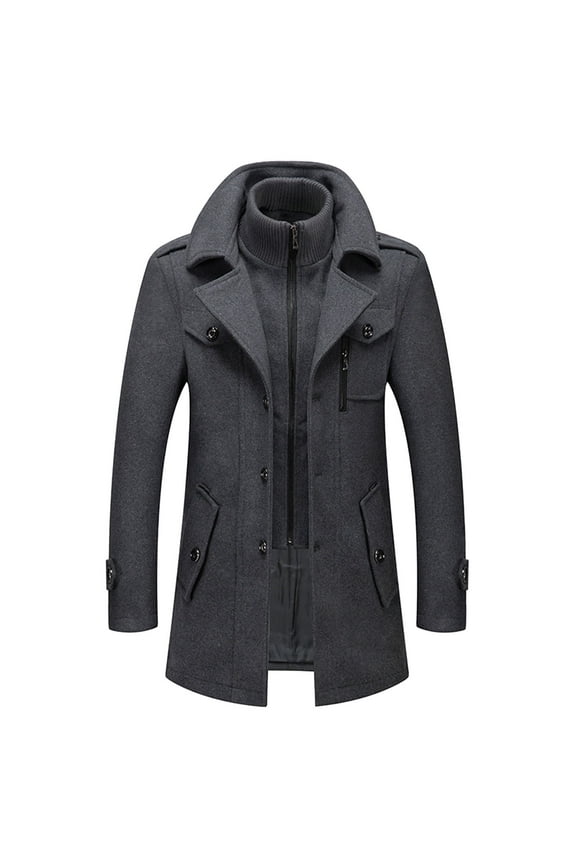 Men's Windproof Coat Wool Jacket Detachable Zipper Up Business Clothes Button Down With Multi-Pocket Fashion Windbreaker For Fall Winter Pea Coat Clothing,Grey
