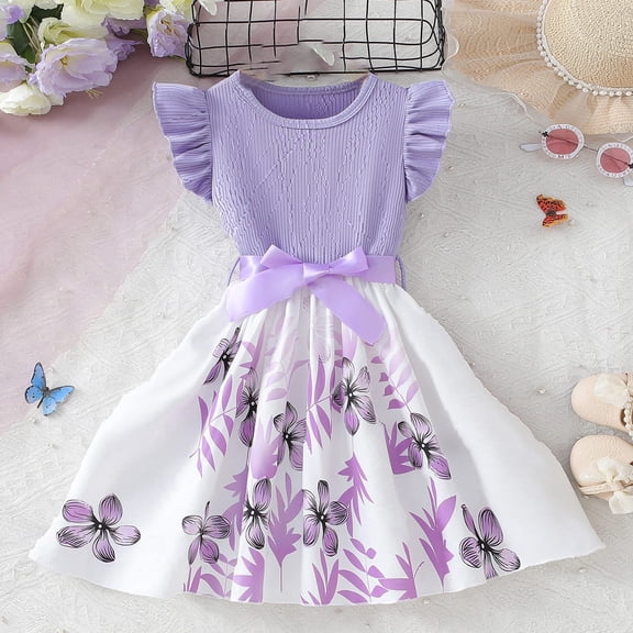 Wuxain Toddler Girls Baby Dress Knitted Top With Round Neck Flutter Sleeved Patchwork Floral Printed Skirt Princess Dress Summer Dress, Light Purple, 9-10 Years
