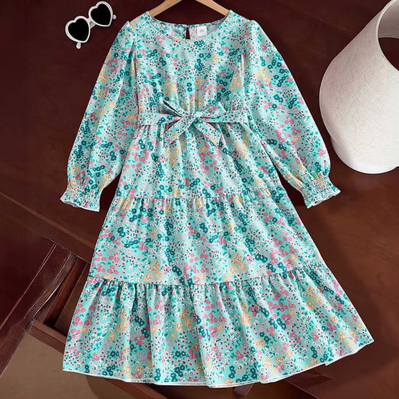 Wuxian Toddler Girls Dress Floral Printing Long Sleeve Crew Neck Princess Casaul A-Line Sundress Outfit Dress, Green, 7-8 Years